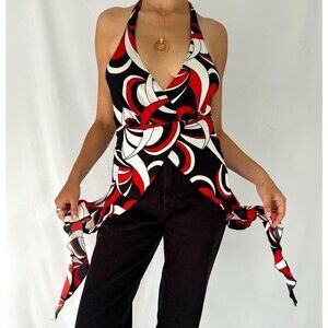90s vintage red multicolor fairy abstract flowy backless halter cami tank top